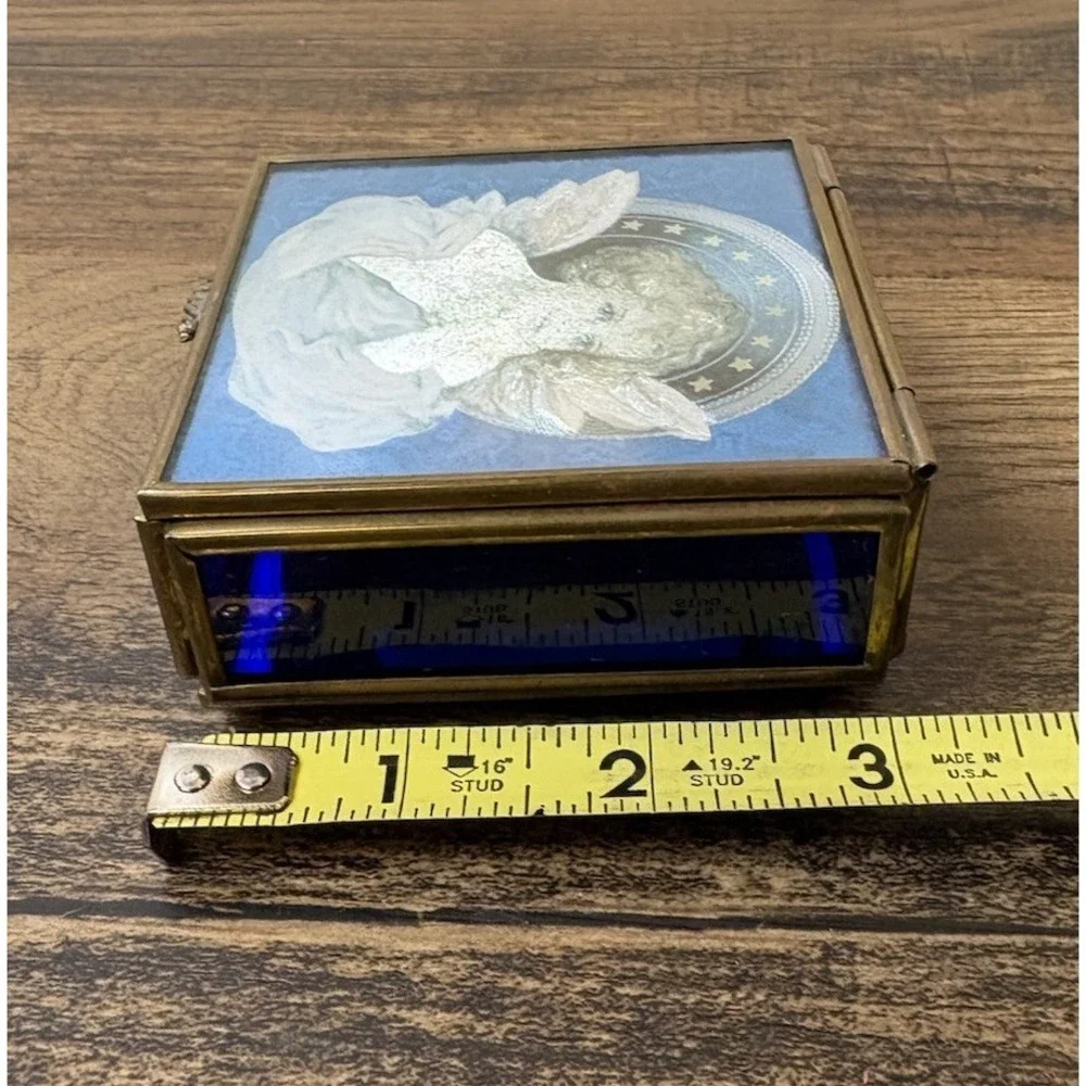 Vintage Iridescent Angel Trinket Jewelry Box Thomas Cathey Metal Glass Blue